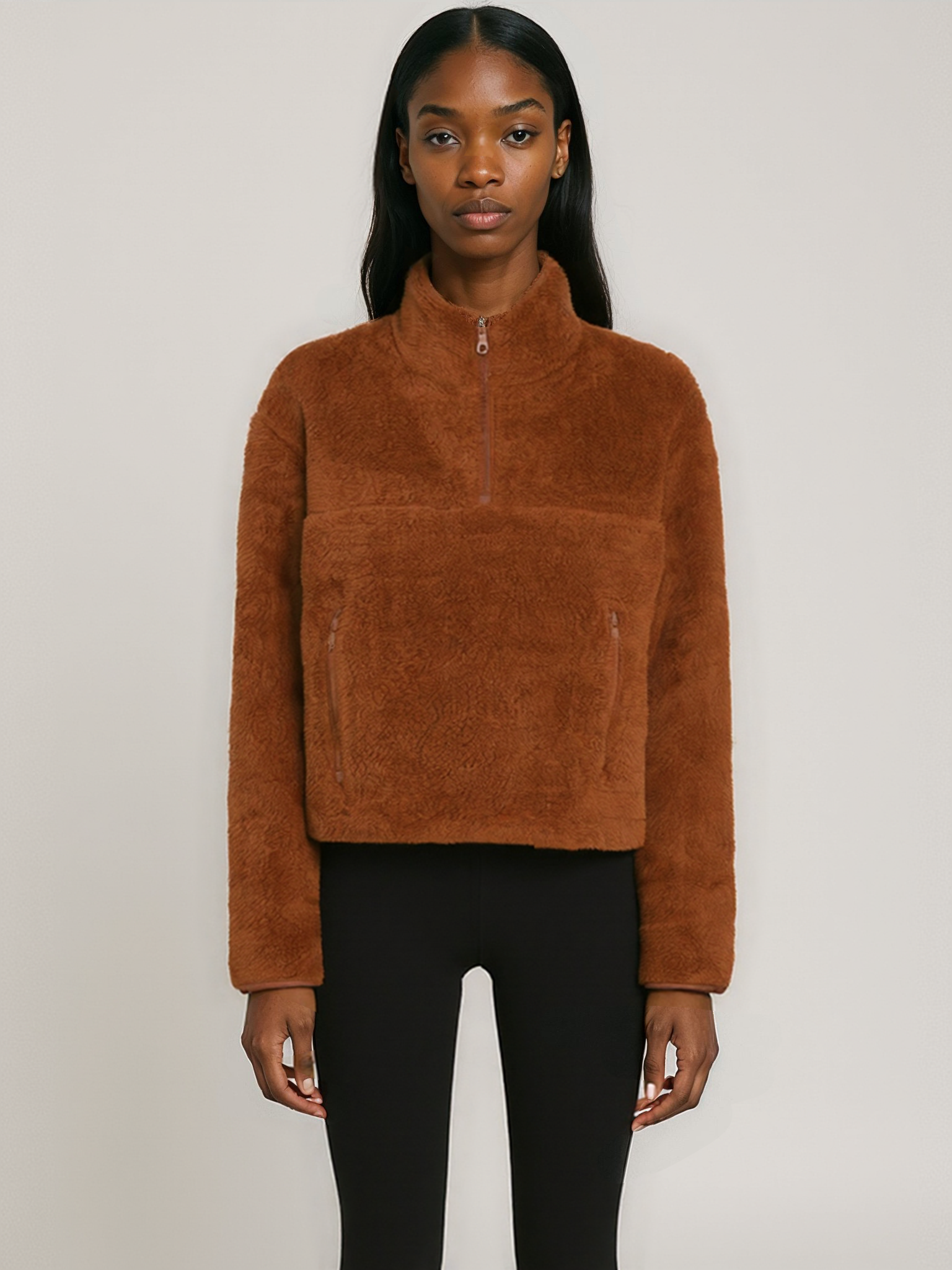 Recycled Fleece Jacket, Half Zip, Mocha Bisque
