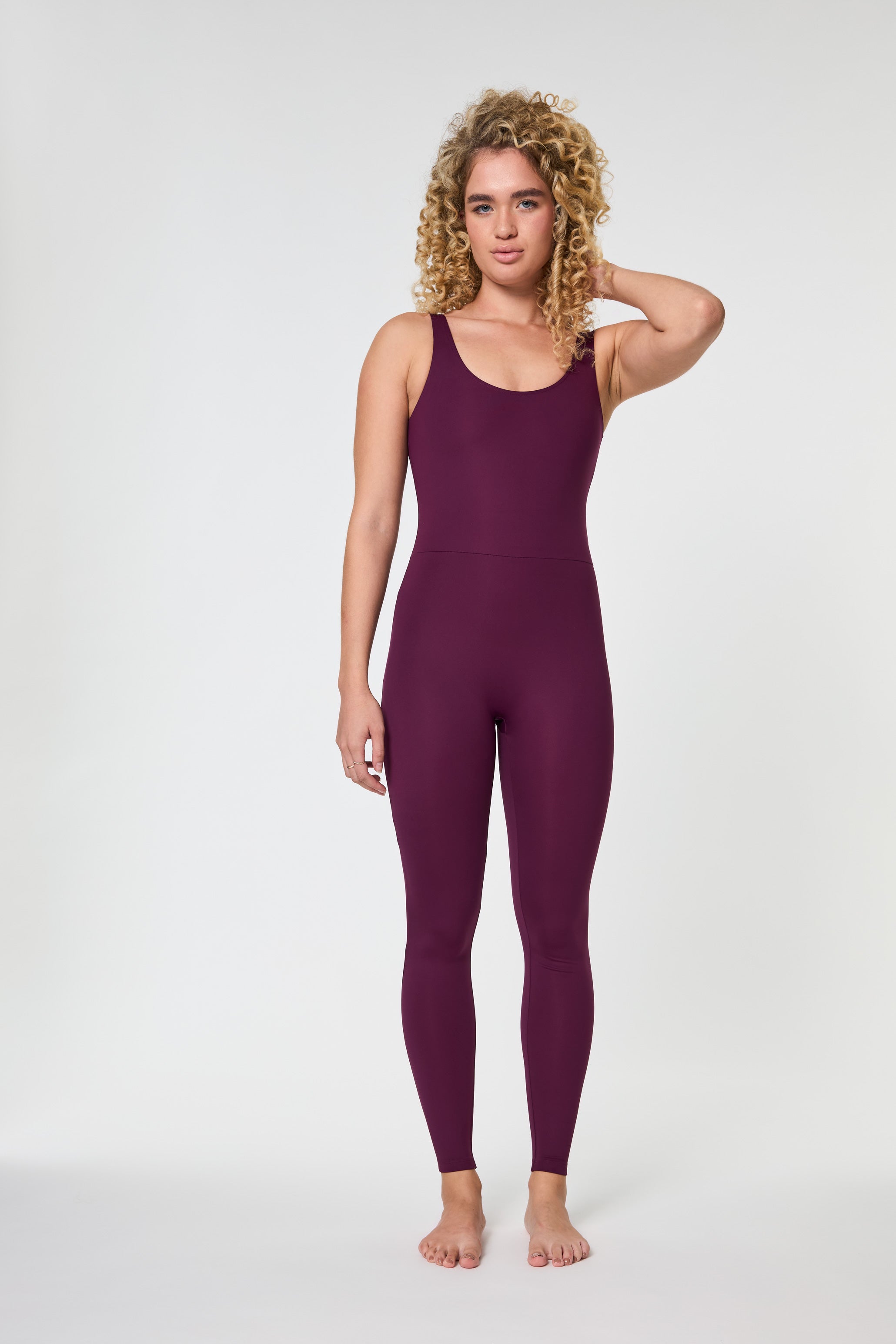 Scoop Back Unitard, Long, Plum